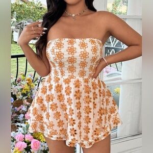 SHEIN White Strapless Floral Embroidered Romper with Orange Flowers